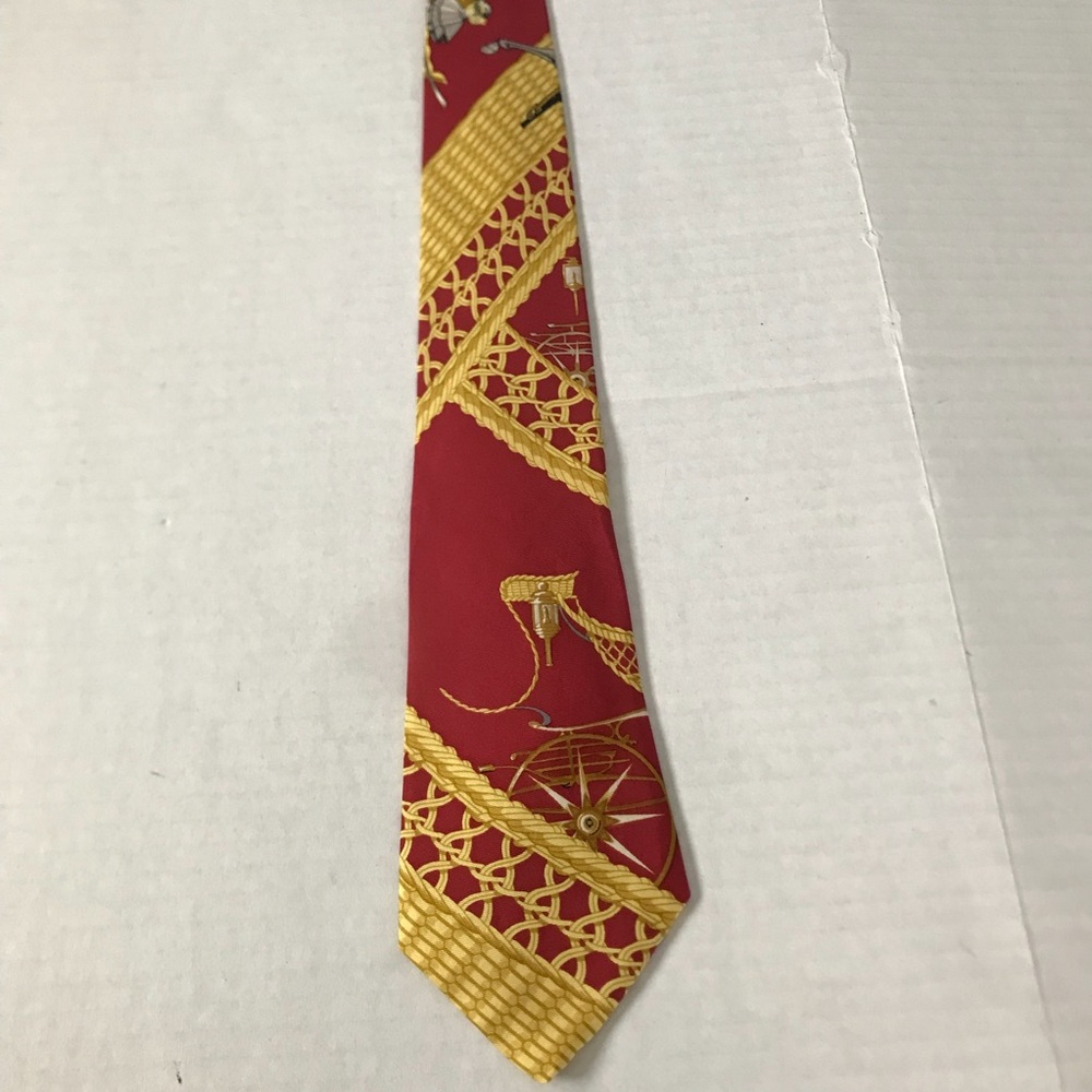 HERMÈS Tie Rare Silk Horse Carriage People Bicycle Chain Red Yellow - Picture 3 of 16